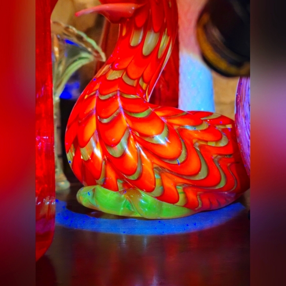 Murano Style Type Duck 9"L x 5"W x 7"H - Vibrant Reddish Orange Swirl Colors - Picture 9 of 12